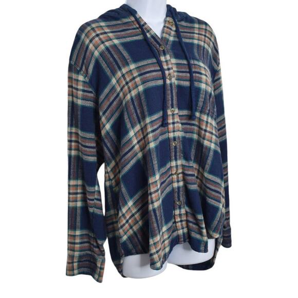 American Eagle Womens Blue Plaid Hooded Button Up Long Sleeve Oversized Top M‎ - Picture 3 of 8